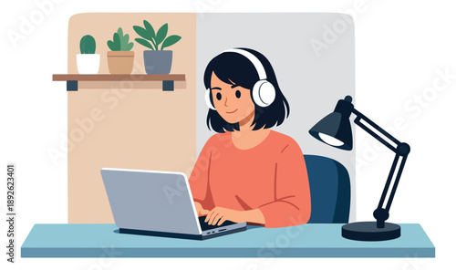 Modern flat design illustration of a young woman depicting working on a laptop with headphones for a remote work concept
