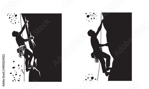 Two male rock climbers in silhouette ascending different sections of a cliff.