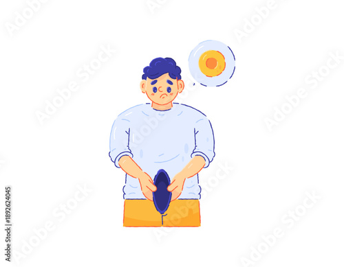 Illustration of a young man with an empty wallet. The concept of running out of money. Need money. Financial and economic problems. Financial crisis. Human character. Flat outline crayon style