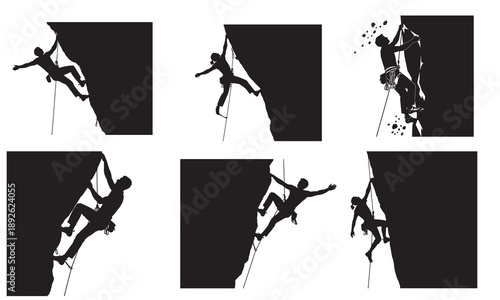Silhouette of rock climbers scaling a steep cliff face, extreme sports adventure.