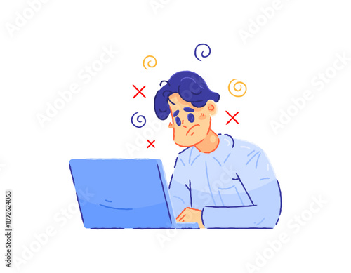 Illustration of a person looking confused, frustrated, or stressed while working on a laptop. trouble or difficulty while doing a task. unable to study. work problems. employee character. flat outline