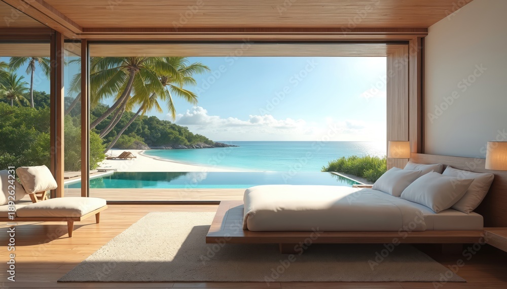 Fototapeta premium Luxury bedroom with ocean view infinity pool. Modern villa interior features king bed, sunlit balcony, and tropical paradise outside. Peaceful relaxation.