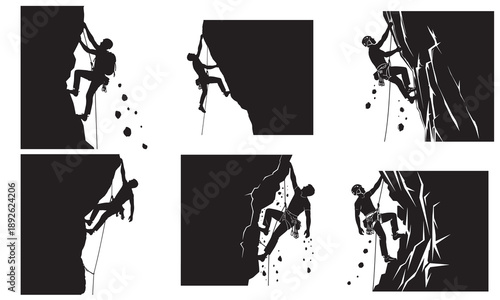 Dynamic silhouettes of rock climbers ascending a rugged cliff with gear and falling rocks.