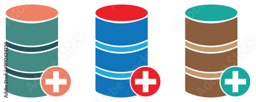 Add database icons vector, database add icons vector set in trendy flat style illustration isolated on white background.