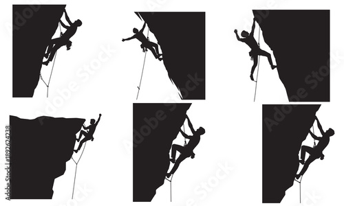 Multiple rock climbing silhouettes depicting climbers in various challenging positions.