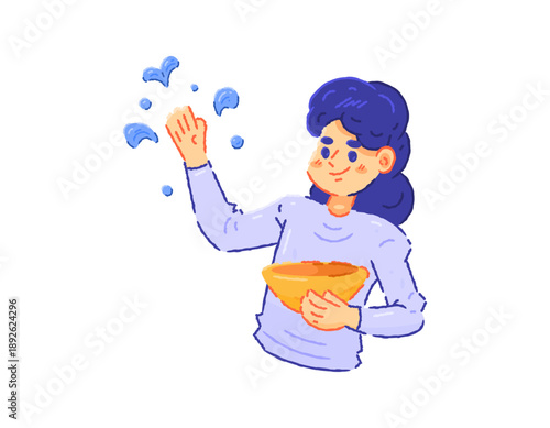 Illustration of a girl having fun and splashing water from a basin. Happy Songkran concept. Celebrating and participating in Songkran festivals, parties, and events. Splashing and playing with water. 