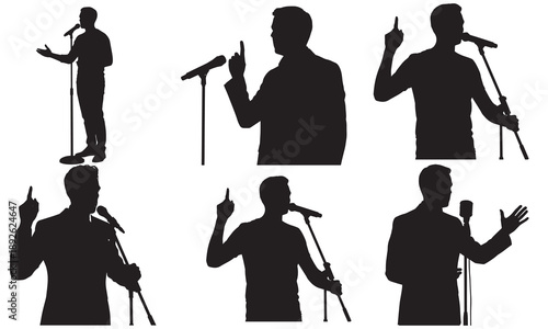 Set of silhouette icons showing a person speaking at a microphone with varied gestures.