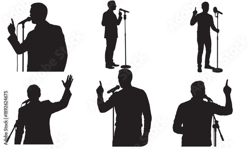 Collection of silhouettes of men speaking at microphones in various poses.