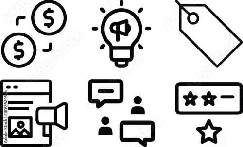 Marketing and Advertising Icons Set with Budget and Feedback flat design vector illustration