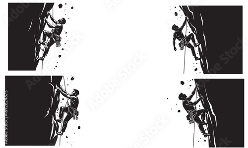 Four black silhouettes of rock climbers scaling a sheer cliff face, isolated.