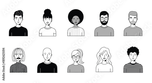 Diverse group of people illustrated in various styles and monochrome colors on white background