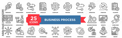 25 line icons about business process including business, process, workflow, operation, management, optimization perfect for reports, presentations, and corporate project
