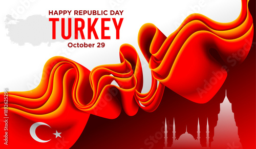 Turkey Republic Day Background with Red Ribbon and National Landmarks