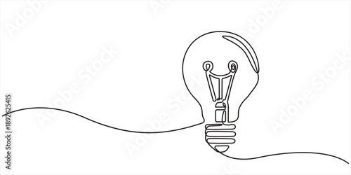 Continuous one line drawing of electric light bulb, Lightbulb in simple linear style. Idea, brainstorm concept. Drawing of an electric light bulb with continuous line, Light bulb one continuous.