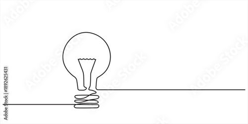Continuous one line drawing of electric light bulb, Lightbulb in simple linear style. Idea, brainstorm concept. Drawing of an electric light bulb with continuous line, Light bulb one continuous.