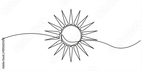 Sunset and cloud continuous one line drawing of minimalist outline vector design, sunset,sunrise, beach, palm tree in single line draw illustration. Editable stroke, landscape with sun and beach in on