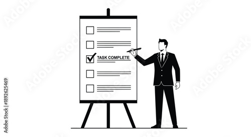 Businessman in suit pointing to checklist on presentation board with task complete