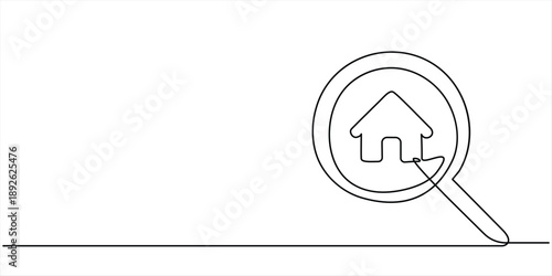 Continuous one line drawing big hand holding magnifying glass highlights the miniature house. Targeting a luxury house to be used as a self reward, Home Search, Model house and magnifying glass.