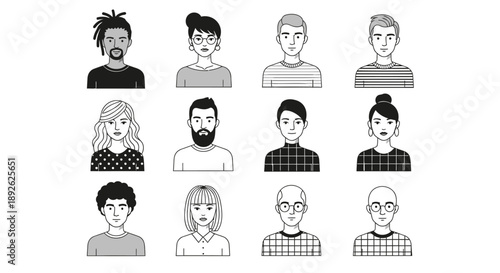 Diverse group of people illustrated in various styles and patterns showcasing different facial features and hairstyles all in black and white