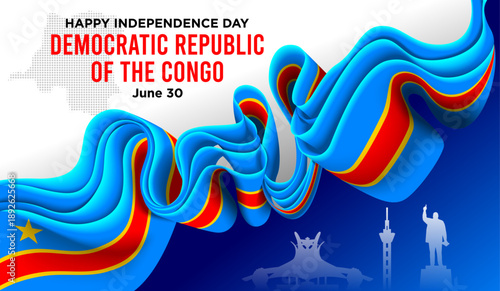 DR Congo Independence Day Background with Blue Red Yellow Ribbon and National Landmarks