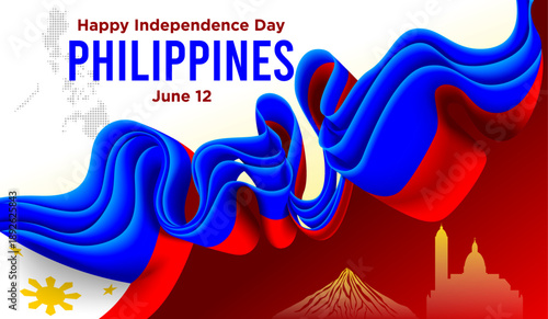 Philippines Independence Day Background with Blue Red White Ribbon and National Landmarks