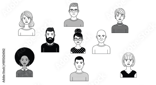 Diverse group of people illustrated in black and white various hairstyles and clothing simple background