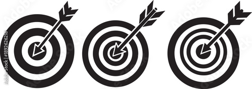 Set of three black and white target icons with arrows hitting the bullseye, symbolizing accuracy and success.