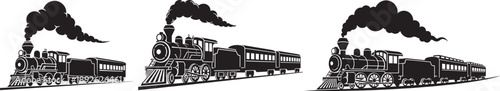 Collection of three vintage steam locomotive train silhouettes puffing black smoke across a white background.