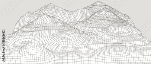 Abstract 3D Topographic Contour Mesh showing Elevation Relief. Wireframe Map Surface for Digital Geodesy, Civil Engineering, and Data Analysis. Minimalist Geometric Terrain Landscape Background