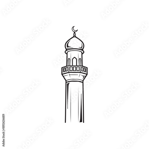 Detailed sketch of a mosque minaret with a crescent moon finial