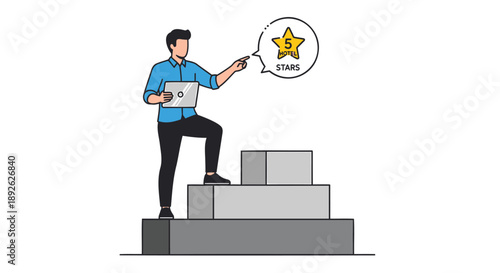 Man standing on gray steps holding laptop and pointing to a star rating in a speech bubble symbolizing success and achievement