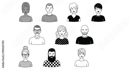 Diverse group of people illustrated in black and white various hairstyles and clothing simple background