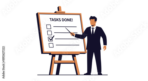 Businessman in suit pointing at checklist on whiteboard with tasks done written on it