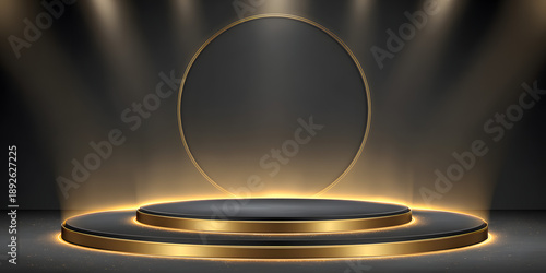 Elegant presentation stage features a round, elevated platform with a gold trim, creating a sense of luxury. The backdrop showcases a large circular shape also accented with gold.