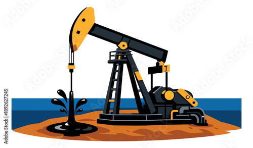 Stylized illustration of an oil pumpjack depicting crude oil gushing for energy production
