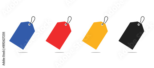 Colorful hanging price tag set. Blank product label shapes. Flat paper sale tags with string. Retail pricing label elements. Vector illustration 