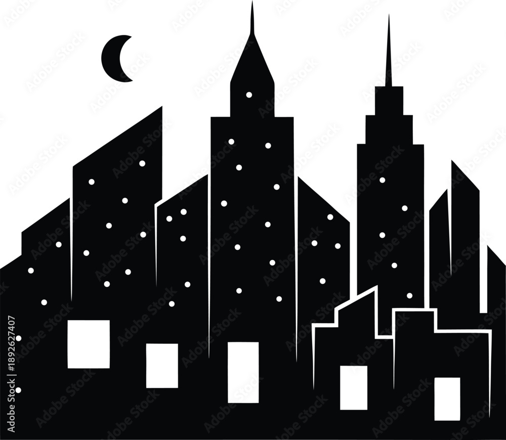Fototapeta premium City skyline at night with crescent moon