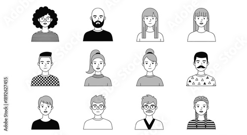 Diverse group of people illustrated in black and white portraits various hairstyles and facial hair simple backgrounds