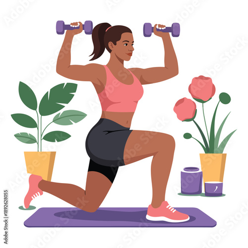 Fitness woman performing lunges with dumbbells at home on yoga mat surrounded by houseplants and indoor decor for healthy lifestyle workout routine and strength training illustration
