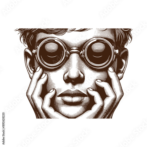 Man looking through goggles with curious expression