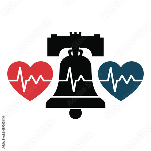Liberty bell with red and blue heartbeats symbolizing health and freedom on transparent background american independence day healthcare concept