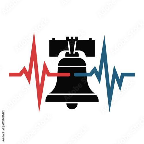 Liberty bell with red and blue heart rhythm waves symbolizing health and freedom on transparent background american independence day healthcare concept