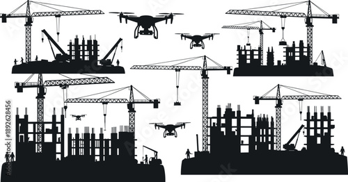 Construction site silhouettes with tower cranes and drones, modern building development, industrial architecture infrastructure illustration isolated on white background