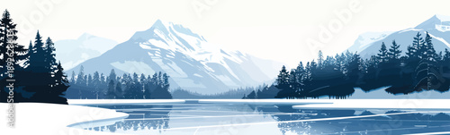 Frozen Lake in a Snowy Winter Landscape isolated