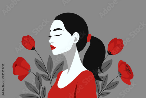 Serene woman with red poppy flowers. Portrait of beautiful woman with flowers. Illustration.