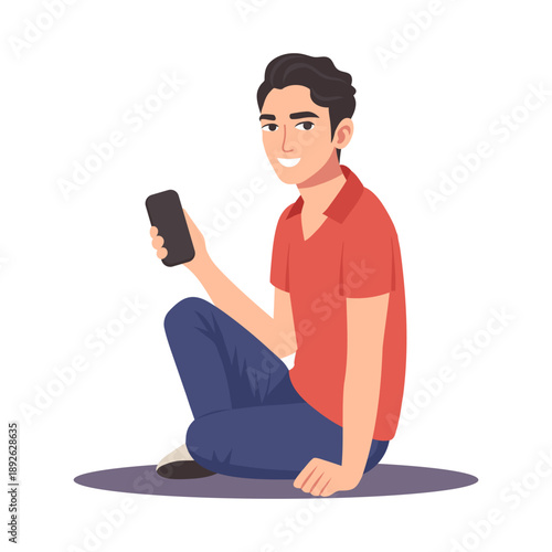 Young man smiling and holding a smartphone while sitting on the floor. Illustration.