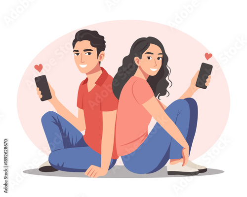 Happy couple sitting back to back holding phones with hearts. Festive card, illustration.