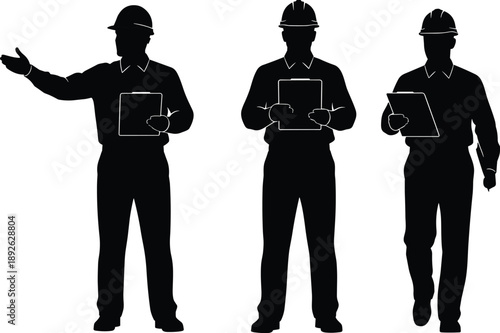 Construction supervisor and engineer silhouettes holding clipboard, professional workers inspection poses, industrial management illustration isolated on white background