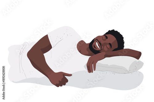 Happy black man falling asleep in bed isolated