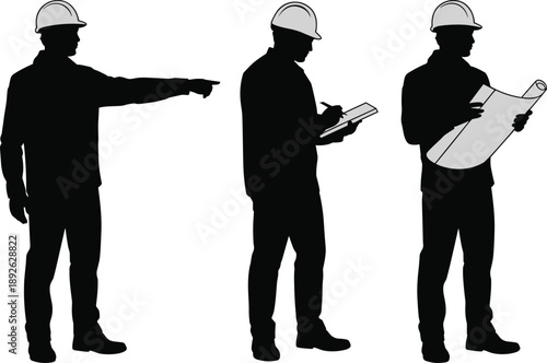 Construction supervisor silhouette set pointing, writing checklist and reading blueprint, engineer foreman poses, industrial site planning illustration